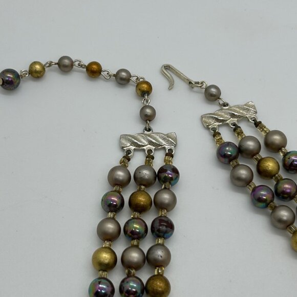 Vintage Multi-Strand Necklace Iridescent Gold Tone Pearlescent Beads Pro Formal - Picture 11 of 13